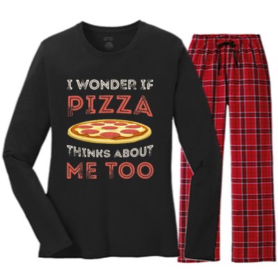 I Wonder If Pizza Thinks About Me Too Funny Dough Crust Women's Long Sleeve Flannel Pajama Set 