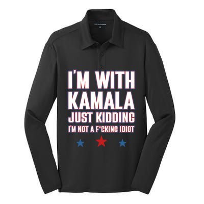 IM With Kamala Just Kidding Not Idiot Retro Election 2024 Silk Touch Performance Long Sleeve Polo