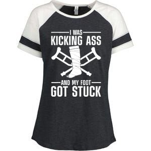 I Was Kicking Ass & My Foot Got Stuck Funny Cast Broken Leg Enza Ladies Jersey Colorblock Tee