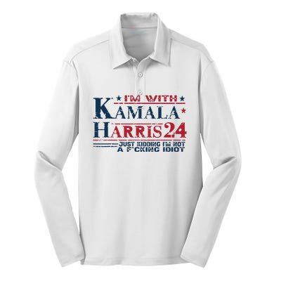 Im With Kamala Just Kidding Not Idiot Retro Election 2024 Silk Touch Performance Long Sleeve Polo