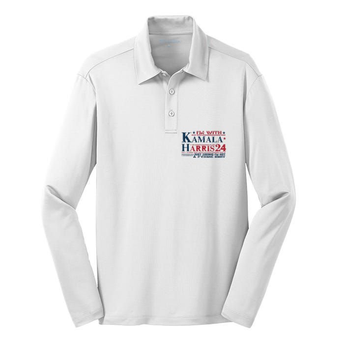 Im With Kamala Just Kidding Not Idiot Retro Election 2024 Silk Touch Performance Long Sleeve Polo