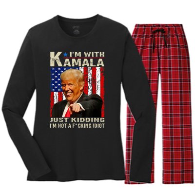 IM With Kamala Just Kidding IM Not A Fucking Idiot Women's Long Sleeve Flannel Pajama Set 