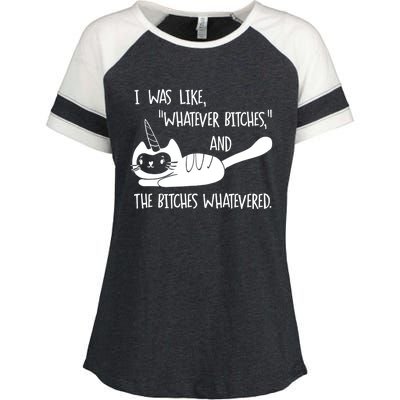 I Was Like Whatever Bitches Whatevered Cat Unicorn Enza Ladies Jersey Colorblock Tee