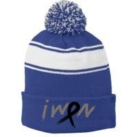 I Won Melanoma Skin Cancer Awareness Ribbon Support Gift Stripe Pom Pom Beanie