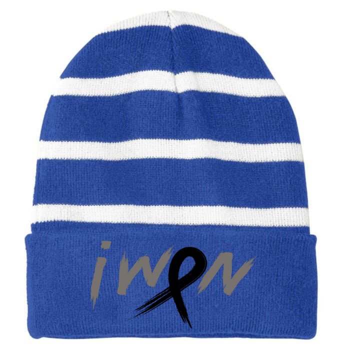 I Won Melanoma Skin Cancer Awareness Ribbon Support Gift Striped Beanie with Solid Band