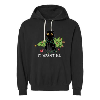 It Wasnt Me Christmas Tree Funny Cat Garment-Dyed Fleece Hoodie