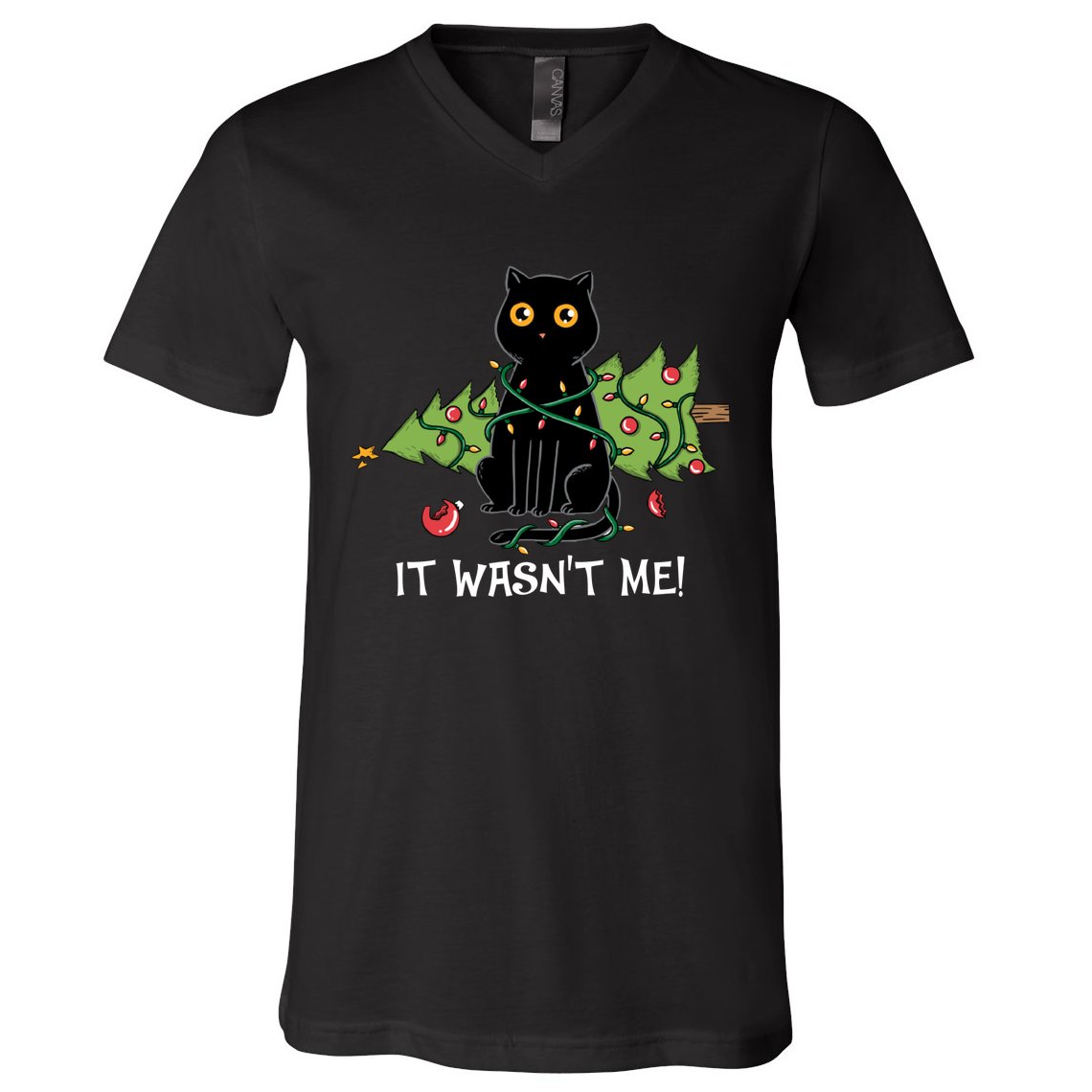 It Wasnt Me Christmas Tree Funny Cat V-Neck T-Shirt