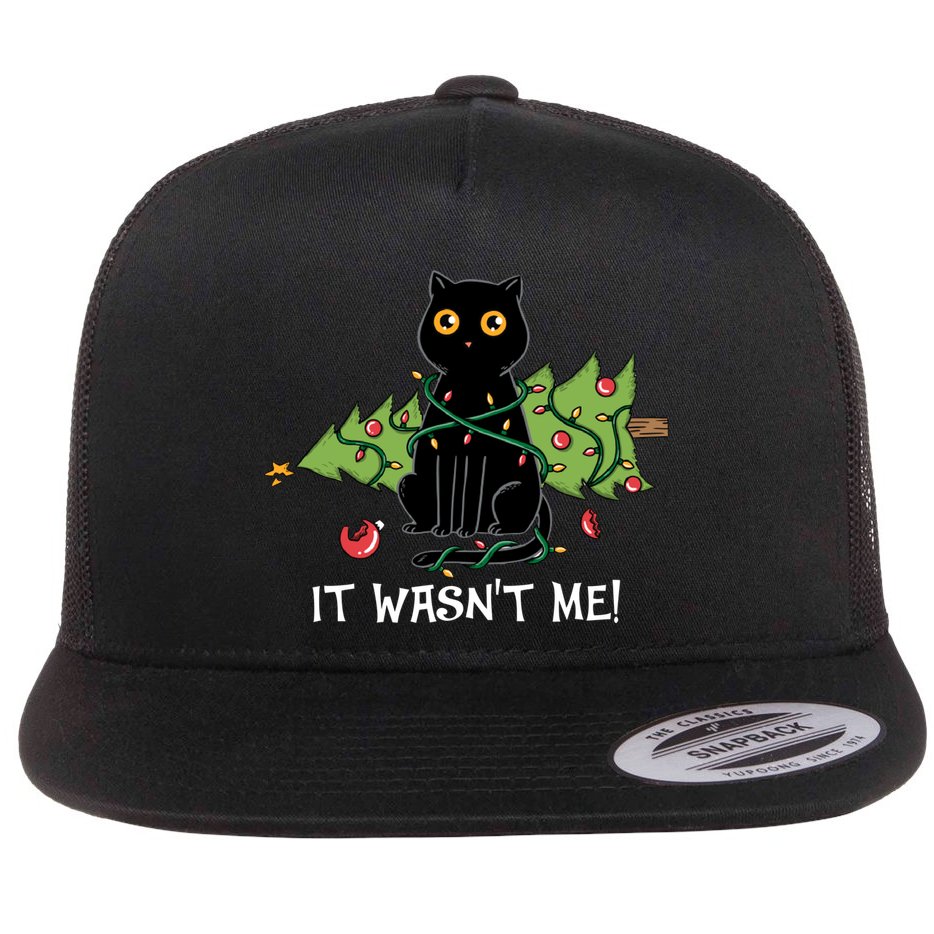 It Wasnt Me Christmas Tree Funny Cat Flat Bill Trucker Hat