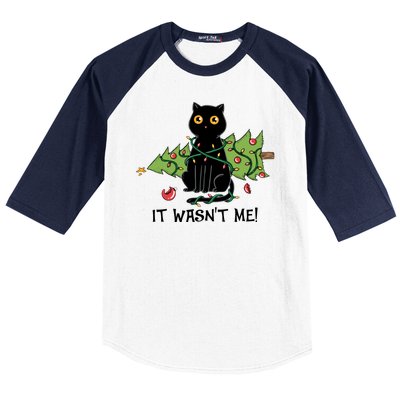 It Wasnt Me Christmas Tree Funny Cat Baseball Sleeve Shirt