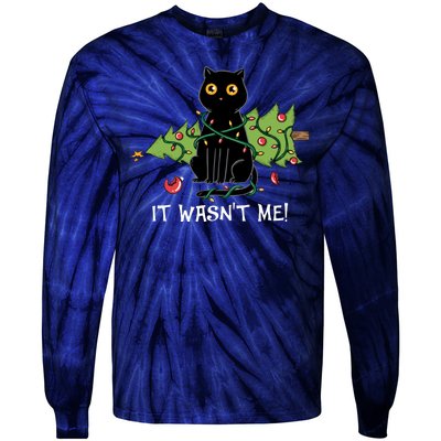 It Wasnt Me Christmas Tree Funny Cat Tie-Dye Long Sleeve Shirt