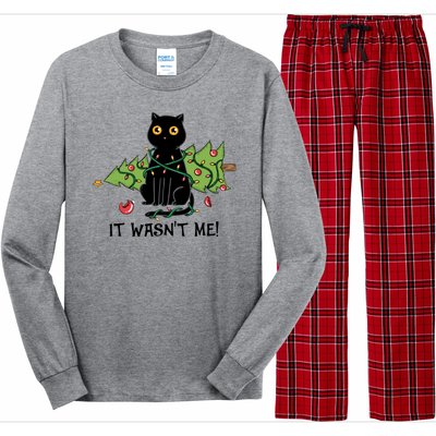 It Wasnt Me Christmas Tree Funny Cat Long Sleeve Pajama Set