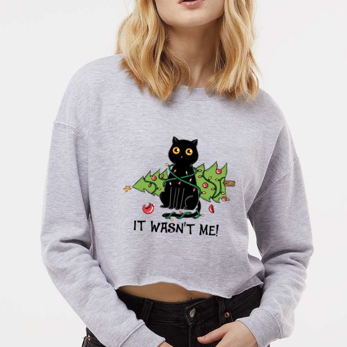 It Wasnt Me Christmas Tree Funny Cat Cropped Pullover Crew