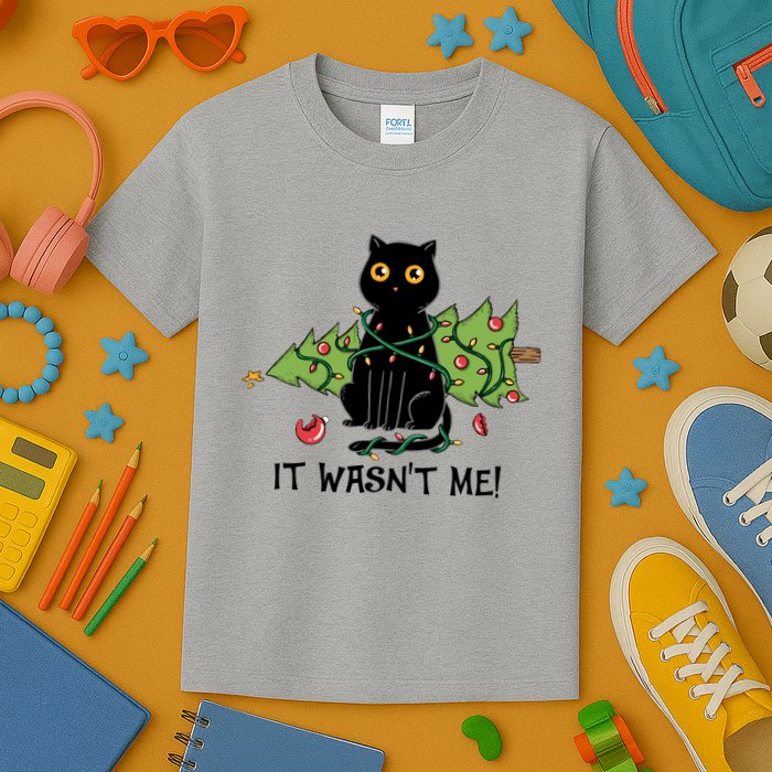 It Wasnt Me Christmas Tree Funny Cat Kids T-Shirt