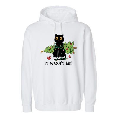 It Wasnt Me Christmas Tree Funny Cat Garment-Dyed Fleece Hoodie