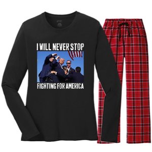 I Will Never Stop Fighting For America Trump Women's Long Sleeve Flannel Pajama Set 