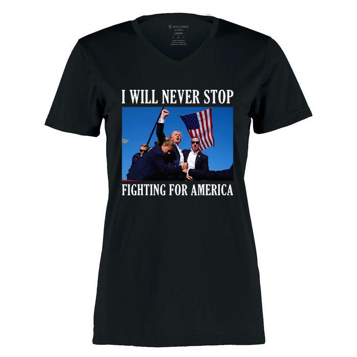 I Will Never Stop Fighting For America Women's Momentum V-Neck T-Shirt