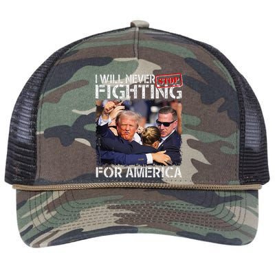 I Will Never Stop Fighting For America Trump 2024 Retro Rope Trucker Hat Cap