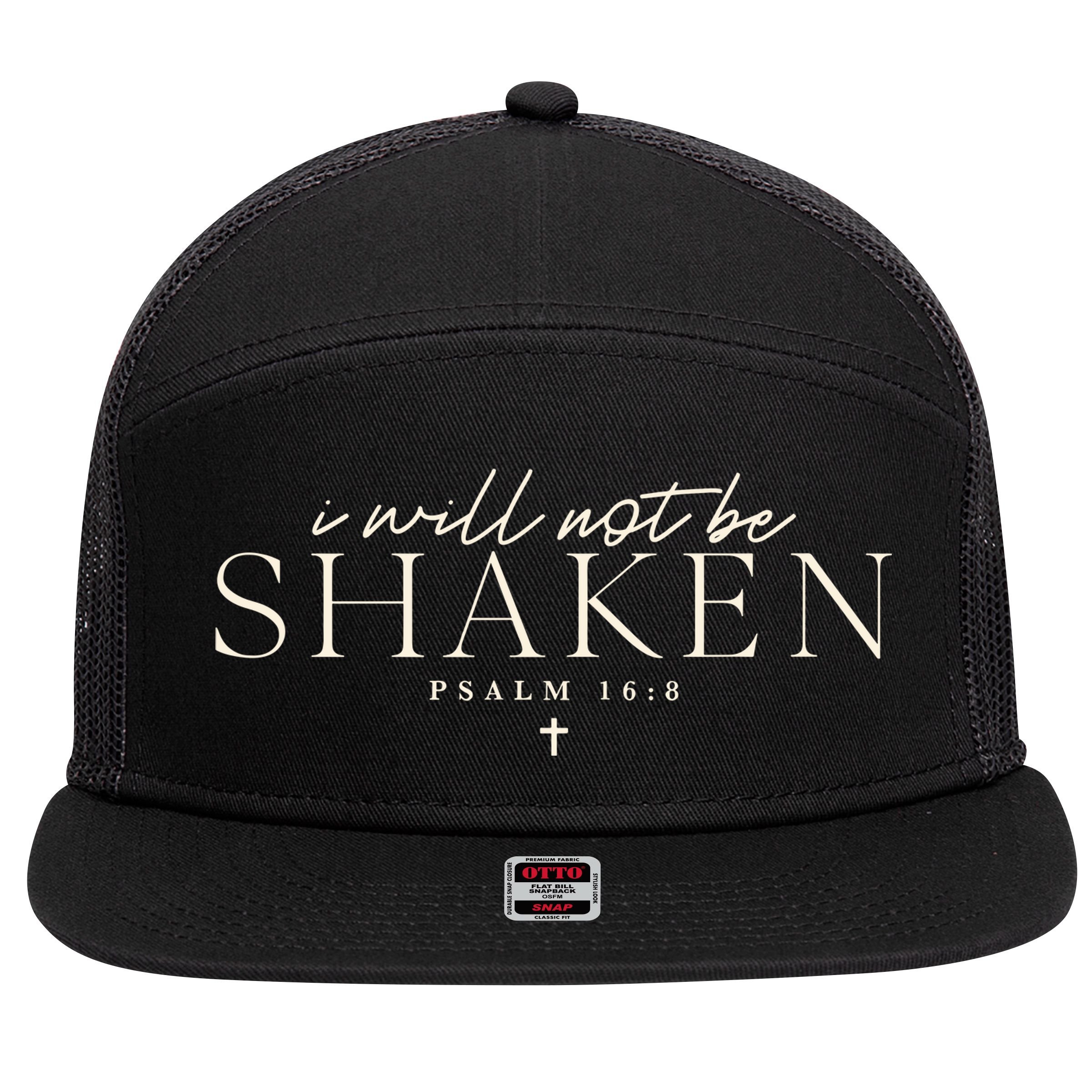 I Will Not Be Shaken Christian Minimal 7 Panel Mesh Trucker Snapback Hat