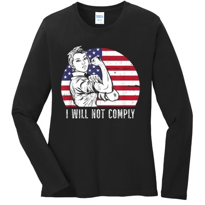 I Will Not Comply American Flag Patriotic Design Ladies Long Sleeve Shirt