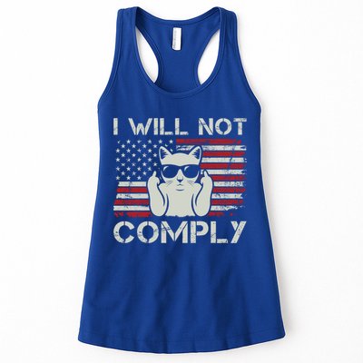 I Will Not Comply Gift Patriotic 4th Of July Funny Cat Usa Flag Gift Womens Tank Top