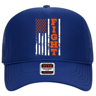 I Wear Orange Fight Kidney Cancer Awareness American Flag High Crown Mesh Back Trucker Hat