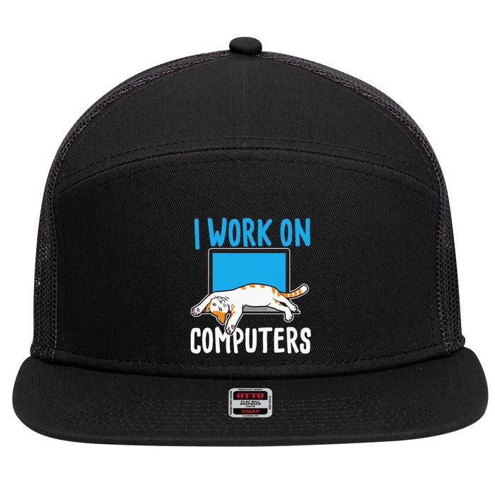 I Work On Computers Funny Cat Lover Kitten Kitty 7 Panel Mesh Trucker Snapback Hat