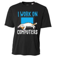 I Work On Computers Funny Cat Lover Kitten Kitty Cooling Performance Crew T-Shirt