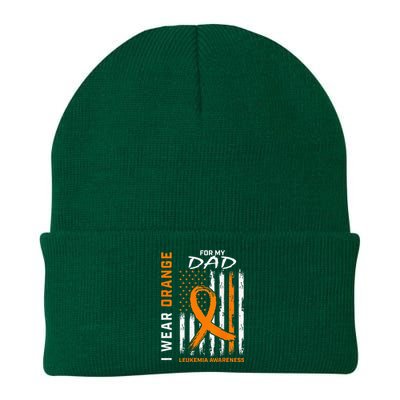 I Wear Orange For My Dad Leukemia Awareness American Flag Knit Cap Winter Beanie