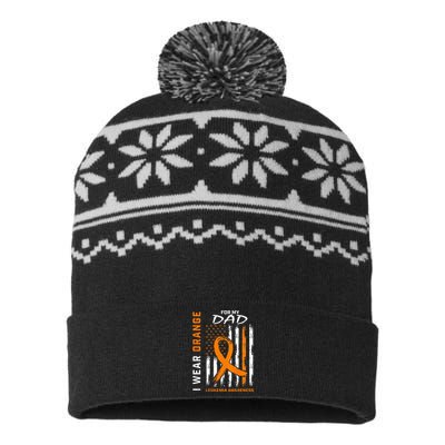 I Wear Orange For My Dad Leukemia Awareness American Flag USA-Made Snowflake Beanie