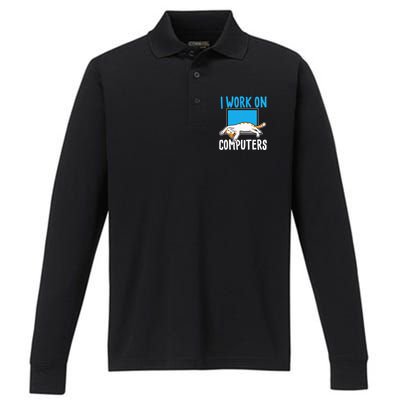 I Work On Computers Funny Cat Lover Kitten Kitty Performance Long Sleeve Polo