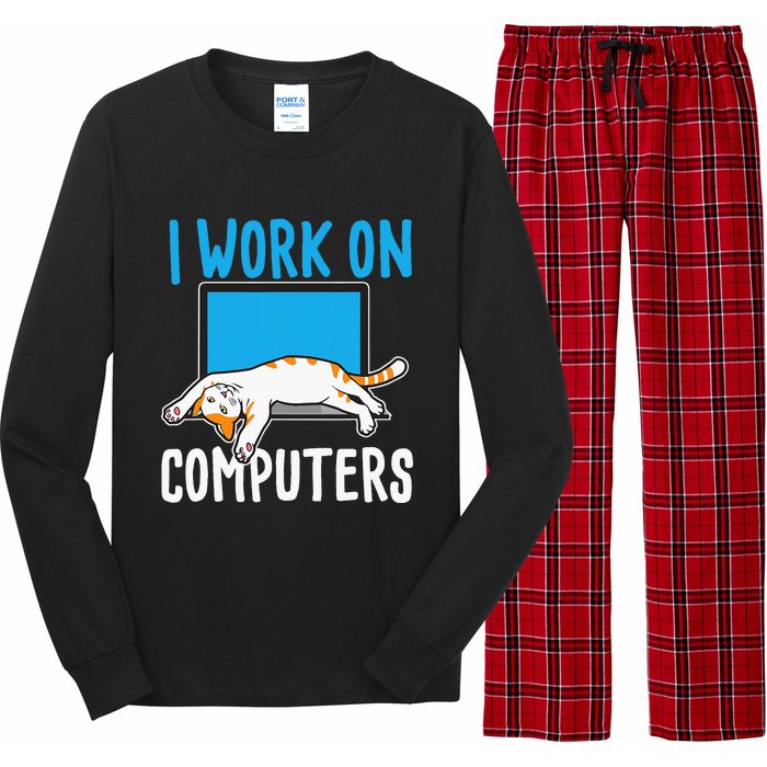 I Work On Computers Funny Cat Lover Kitten Kitty Long Sleeve Pajama Set