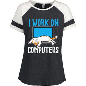 I Work On Computers Funny Cat Lover Kitten Kitty Enza Ladies Jersey Colorblock Tee