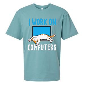 I Work On Computers Funny Cat Lover Kitten Kitty Sueded Cloud Jersey T-Shirt