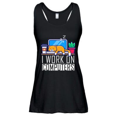 I Work On Computers Funny Cat Lovers Coding Programming Ladies Essential Flowy Tank