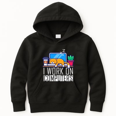 I Work On Computers Funny Cat Lovers Coding Programming Kids Hoodie