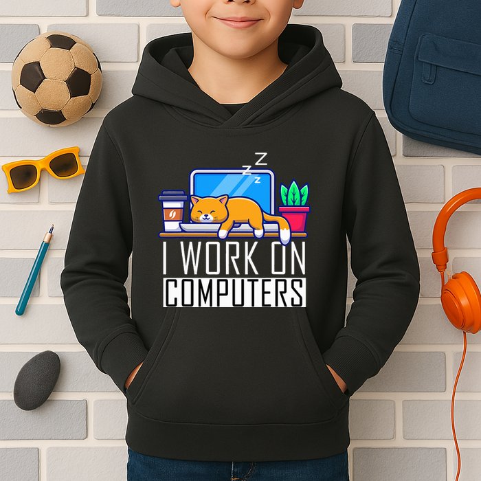 I Work On Computers Funny Cat Lovers Coding Programming Kids Hoodie