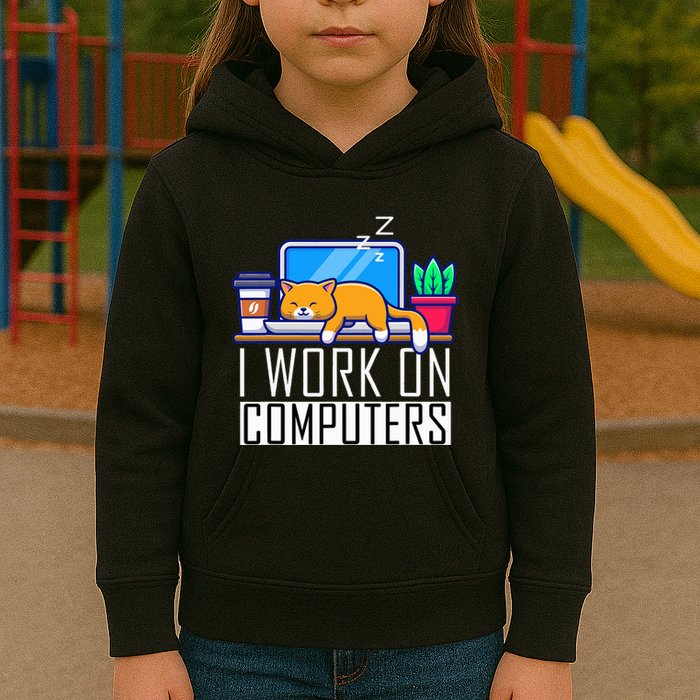 I Work On Computers Funny Cat Lovers Coding Programming Kids Hoodie