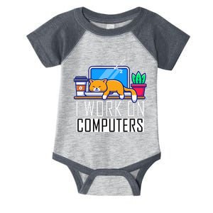 I Work On Computers Funny Cat Lovers Coding Programming Infant Baby Jersey Bodysuit