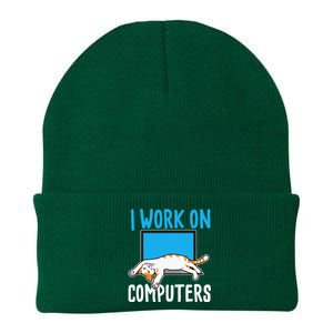 I Work On Computers Funny Cat Lover Kitten Kitty Knit Cap Winter Beanie