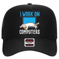 I Work On Computers Funny Cat Lover Kitten Kitty High Crown Mesh Back Trucker Hat