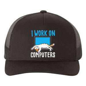 I Work On Computers Funny Cat Lover Kitten Kitty Yupoong Adult 5-Panel Trucker Hat