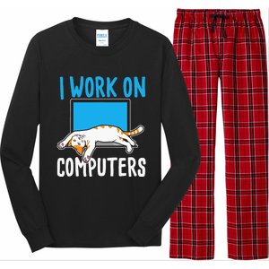 I Work On Computers Funny Cat Lover Kitten Kitty Long Sleeve Pajama Set