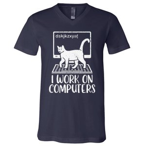 I Work On Computers Cat Funny Cat Owner V-Neck T-Shirt