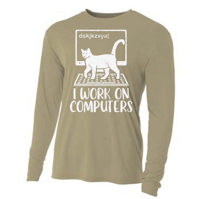 I Work On Computers Cat Funny Cat Owner Cooling Performance Long Sleeve Crew