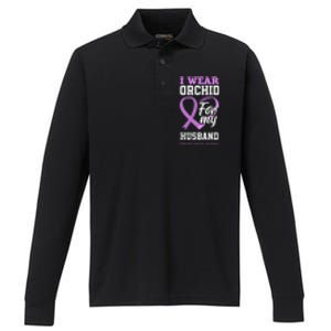 I Wear Orchid For My Husband Testicular Cancer Awareness Performance Long Sleeve Polo