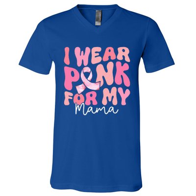 I Wear Pink For My Mama Breast Cancer Groovy Support Squads V-Neck T-Shirt