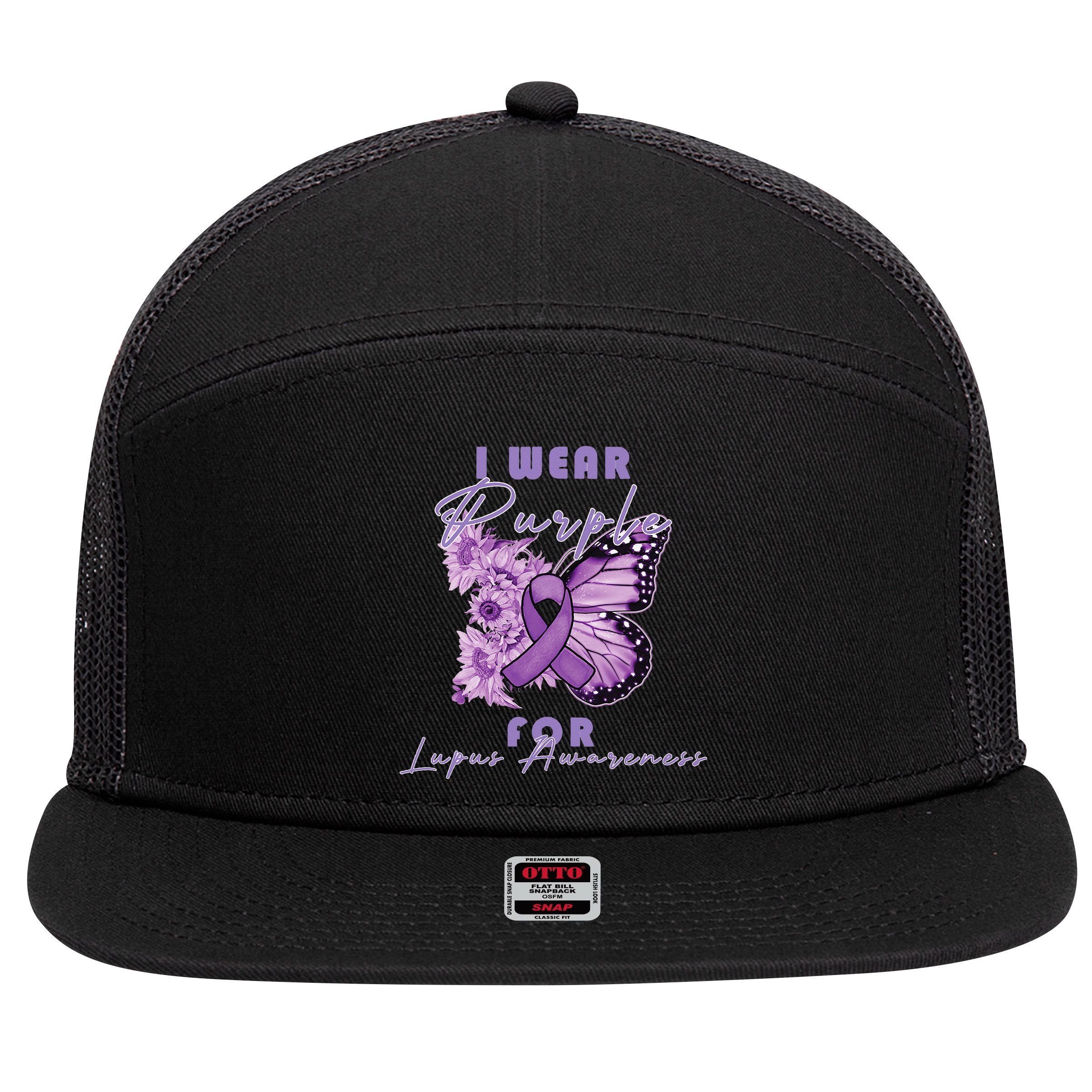 I Wear Purple For Lupus Awareness Butterfly May Month 7 Panel Mesh Trucker Snapback Hat