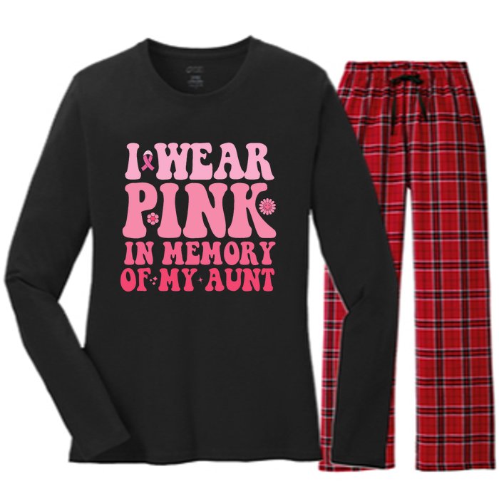 I Wear Pink In Memory Of My Aunt Breast Cancer Aunt Awarenes Women's Long Sleeve Flannel Pajama Set 