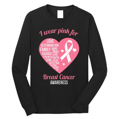 I Wear Pink Ribbon Heart Cool Breast Cancer Awareness Gift Long Sleeve Shirt