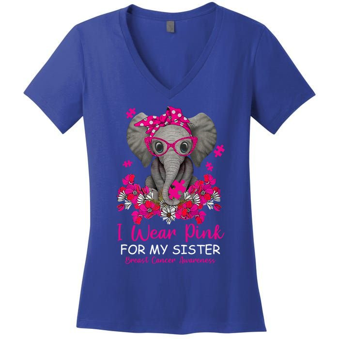 I Wear Pink For My Sister Elephant Breast Cancer Awareness Cute Gift Women's V-Neck T-Shirt